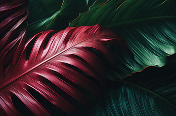 tropical leaves pink and green background