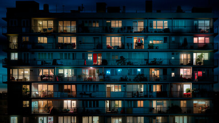 A photo of a night city, an apartment building, lots of windows glowing in the night, a shot showing life in a big city. Generative AI - obrazy, fototapety, plakaty