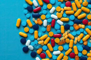 Pills is surrounded by a pile of colorful pills