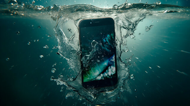 Promotional shot of a protective smartphone. the phone is underwater but working. the shot indicates water protection, ip64. Generative AI