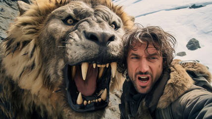 Selfie of an ancient man and snarling saber - toothed tiger, glacial background. Generative AI - obrazy, fototapety, plakaty