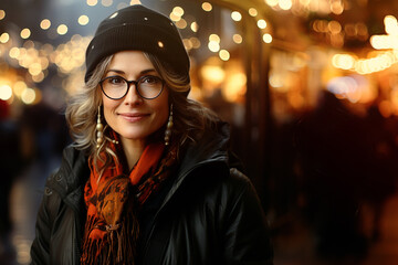 Lady in her 30s smiling confidently, elegant, dressed for the cold weather, downtown at Christmas...