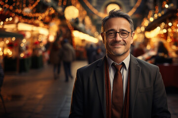 Elegant business man confident looking, downtown at night at Christmas eve