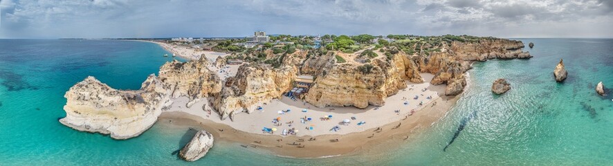 Panoramic drone picture over Praia do Prainha beach in Portuguese Algarve during daytime