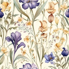 Vintage seamless floral pattern. Botanical Illustration engraving style. Herbs and wild flowers. Art nouveau fabric texture