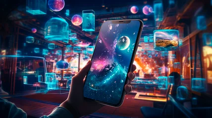 Foto op Plexiglas Promotional footage of games and entertainment apps for smartphones. footage of the best advertising campaigns, phone games, gamer themes. Generative AI © Юрий Маслов