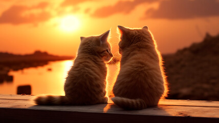 The backs of two kittens sitting and looking at the sunset, Generative AI