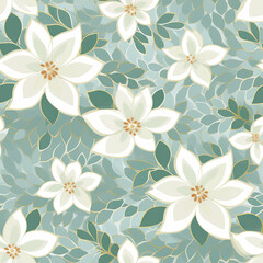 Obraz premium Neutral ivory and grey gradient background with pale ivory leaves teal five petal flowers pattern AI Generated