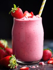 Refreshing strawberry smoothie in a glass topped with fresh fruit and cubes, surrounded by ripe strawberries, perfect for a healthy and sweet treat