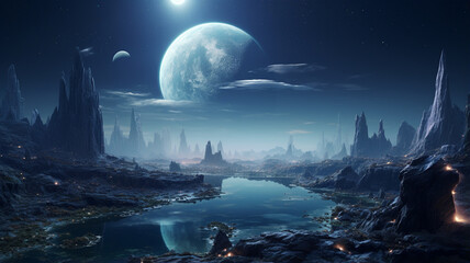 fantasy alien planet. mountain and lake