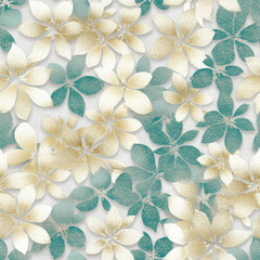Neutral ivory and grey gradient background with pale ivory leaves teal five petal flowers pattern AI Generated