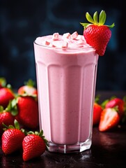 Refreshing strawberry smoothie in a glass topped with fresh fruit and cubes, surrounded by ripe strawberries, perfect for a healthy and sweet treat