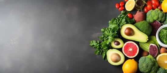 Organic healthy products on gray background representing detox and clean diet