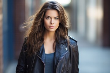 a woman wearing a black leather jacket standing outside on blurry background