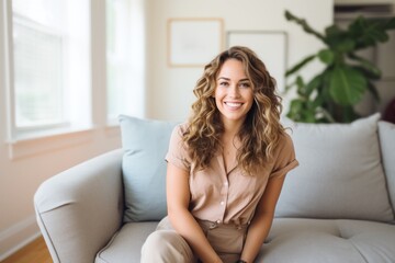 happy blond american woman sitting on sofa at home