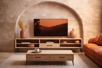 Modern living room with a stylish wooden TV cabinet, flat-screen television, cozy sofas, and warm decor against a textured stone wall
