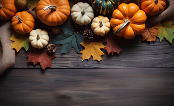 Thanksgiving season still life with colorful small pumpkins, acorn squash, soft blanket and fall leaves over rustic wooden background