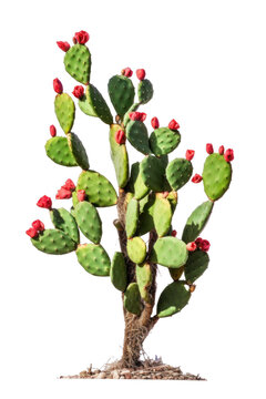 Prickly pear blooming cactus bush, png file of isolated cutout object on transparent background.