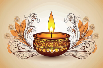 diwali celebration greeting with burning diya lamp. diwali celebration greeting with burning diya lamp. diwali lamp design with mandala and flowers