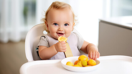 A little baby sits in a highchair and eats a healthy, fresh breakfast. The benefits of fruit for babies, the first complementary food. 