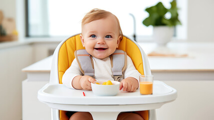 A little baby sits in a highchair and eats a healthy, fresh breakfast. The benefits of fruit for babies, the first complementary food. 