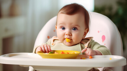 A little baby sits in a highchair and eats a healthy, fresh breakfast. The benefits of fruit for babies, the first complementary food.  - obrazy, fototapety, plakaty