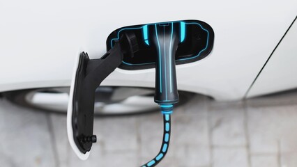 Top view EV charger plugged into electric car for electric recharging from electric charging...