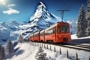 Winter scenery: tourist train and skier marvel at Matterhorn in Zermatt, Switzerland. Generative AI - obrazy, fototapety, plakaty