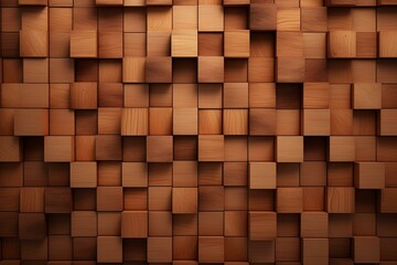 Arrangement of wooden tiles forming a square wall. Background made from 3D wood blocks. Rendered in 3D. Generative AI