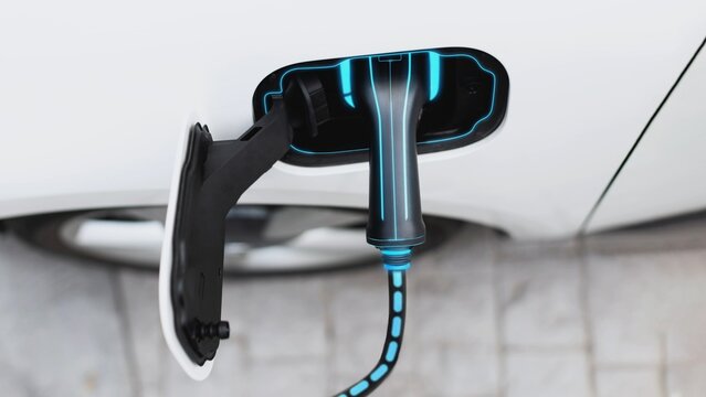 Top view EV charger plugged into electric car for electric recharging from electric charging station with glowing light cable. Cutting-Edge innovation and future green energy sustainability. Peruse