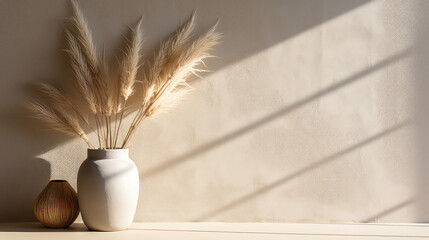 Minimal style interior, ceramic vase with pampas dry grass, empty blank plaster wall with shadow on background, neutral beige warm colors.  - obrazy, fototapety, plakaty