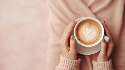 Top view of a female hands in a warm sweater holding mug of delicious cappuccino coffee. Pastel pink background with copy space, banner template.  - obrazy, fototapety, plakaty