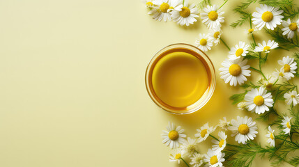 Top view of glass cup with soothing chamomile tea on flat yellow pastel background with copy space, chamomile flowers.  - obrazy, fototapety, plakaty