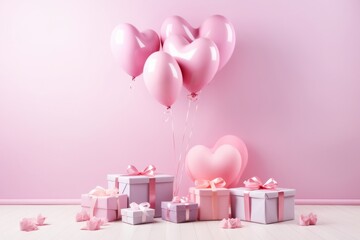 Heart-shaped balloons with helium tied to present boxes with ribbons and packaging decoration, pink studio background