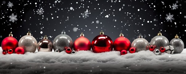 Festive christmas ornaments advent celebration holiday holidays banner greeting card panorama long - Many red and white baubles, balls and stars on snow, black concrete wall background | Generative AI
