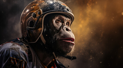 Monkey in a hockey helmet on a dark background with copyspace