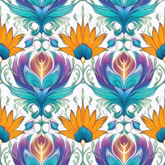 Lotus peacock feather motif seamless pattern, AI Generated