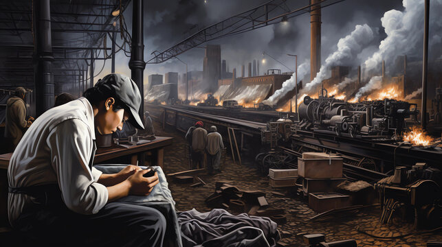A factory worker laboring in harsh conditions, juxtaposed against the image of consumers enjoying the finished products, spotlighting the challenges of labor exploitation in the supply chain