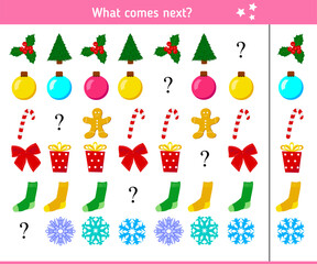 What comes next? Educational game for children. Winter holiday vector illustration