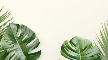 Mock up with flat lay monstera tropical leaves with free space for text. Background for product presentation or showcase - obrazy, fototapety, plakaty
