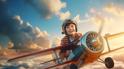  A young, smiling boy piloting a small plane - obrazy, fototapety, plakaty