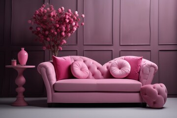 Romantic living room with a pink sofa, heart-shaped cushions, and decorative heart-themed wall art, showcasing cozy and stylish interior design