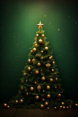 Christmas background with fir tree and gold decor, on a dark green background