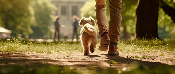 A dog with its owner on a walk in nature. Back view of a man with a dog walking in a park.