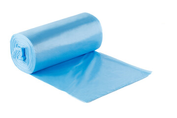Roll of blue plastic garbage bags isolated on white background. Full depth of field. Close-up