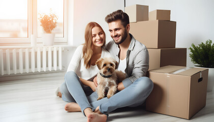 Young couple in new apartment with small dog