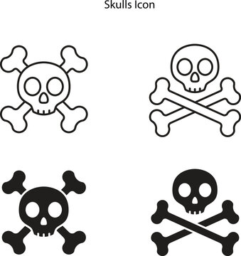 Skulls and crossbones. Skulls with crossbones icons collection isolated on white background. Death logo, symbol, sign. Pirate symbol. Vector graphic design. EPS 10