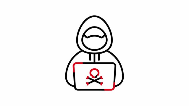 Hacker with laptop computer stealing confidential data, personal information and credit card detail. Hacking concept. hacker with skull icon.