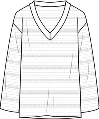 Women's V-Neck Crochet Jumper- Technical fashion illustration. Front, white colour. Women's CAD mock-up. - obrazy, fototapety, plakaty
