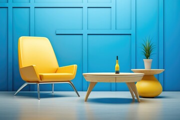 Yellow armchair with matching side table and plant in a modern room with a vibrant blue wall, stylish and comfortable interior design